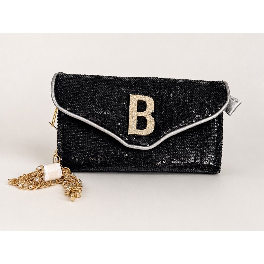 New With Tag Bebe Miro Black Sequin Crossbody Clutch BagGold Chain Eve Purse